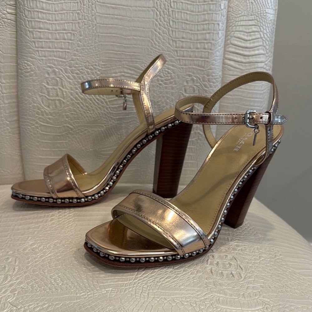 Coach Gold Metallic Heels with Chunky Wooden Heel